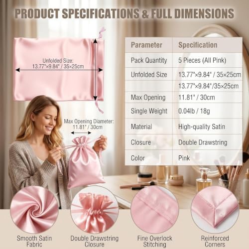 UPSTORE 5Pcs Satin Wig Storage Bags, Drawstring Silk Pouches for Hair - Image 2
