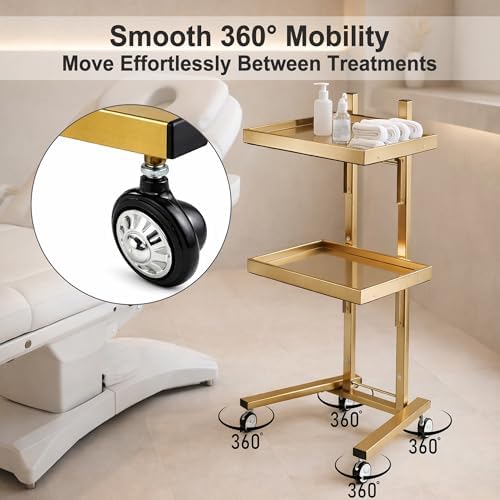 2-Tier Metal Rolling Cart with Wheels, Salon Trolley, Gold - Image 4