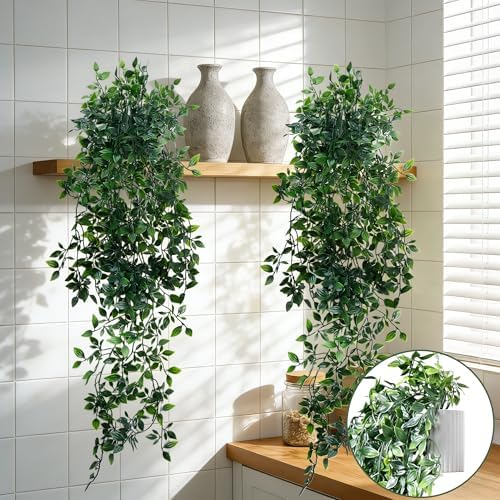 Artificial Hanging Plants for Shelf, 2-Pack Fake Potted Greenery Faux Mandala Vines in Black Pot, Décor for Office Living Room Bathroom Indoor Outdoor by Unknown