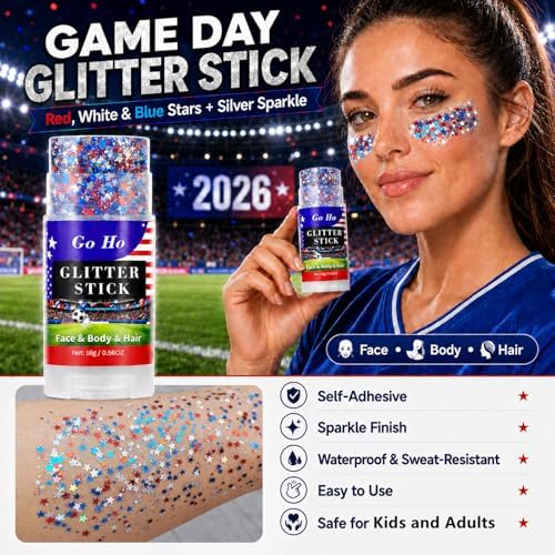 Go Ho Red White and Blue Star Face Glitter Stick,Waterproof Body&Hair Glitter,4th of July Accessories,Patriotic USA Flag Sparkle Stick for Soccer Game Independence Day 250 Anniversary Makeup - Image 2