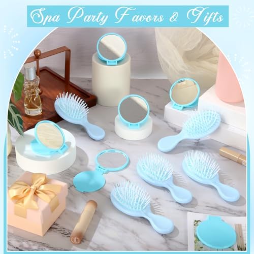Meanplan 24 Pcs Mini Hair Brush Set 12 Travel Wet Dry Hair Combs Pocket Detangling 12 Compact Folding Makeup Mirrors for Spa Sleepover Birthday Bridal Shower Bachelorette Christmas Party Gift(Blue) - Image 4