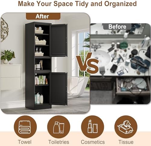 67" Tall Narrow Bathroom Storage Cabinet, Metal Pantry Cabinet, Black - Image 6