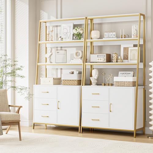 HITHOS White Gold Bookshelf, 69" H Ladder Book Shelf with Drawers & Shelves - Image 4