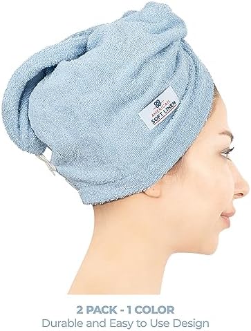 American Soft Linen 100% Cotton Hair Towels for Women, Head Towel Cap, Cotton Hair Turban Towel Wrap for Long Curly Anti Frizz Hair, Soft and Absorbent Cotton Hair Towels 2 Pack, Sky Blue - Image 2