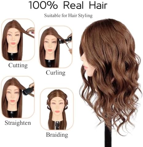 Mannequin Head Human Hair, 100% Real Hair Cosmetology Manikin Head for Practice Braiding Hairstyling Cutting with Free Clamp Holder and Tools (100% Brown) - Image 5