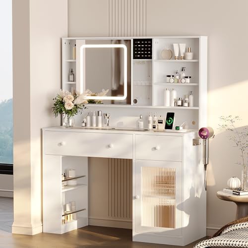 VINGLI Vanity Desk with Sliding Mirror and Lights, Glass Top Makeup Vanity Table w/Glass Cabinets w/Hidden Jewelry Storage & Power Outlets & Hairdryer Holder, 43in White Dressing Table Gifts Girls by VINGLI