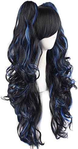 MapofBeauty Lolita Long Curly Clip on Ponytails Cosplay Wig, Black/Blue - Image 2
