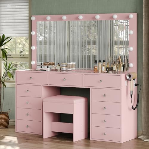 Yanosaku 11 Drawers Makeup Vanity with Charging Station, Vanity Desk with 13 LED Bulbs and HD Mirror, 3 Color Brightness Adjustable, Glass Top Vanity Set for Bedroom, Pink by Yanosaku