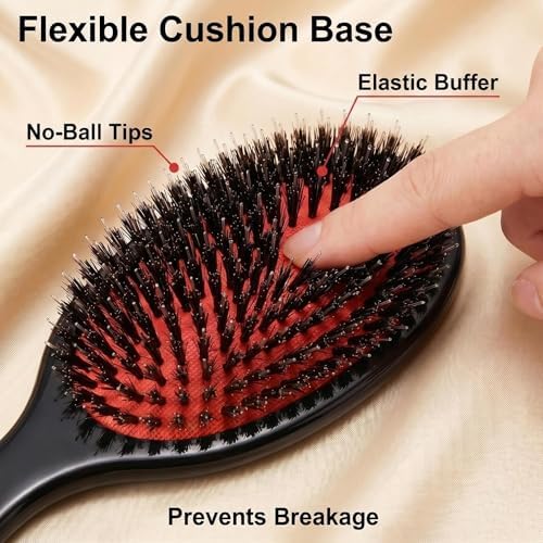 Boar Bristle Hair Brush for Women Men Painless Detangling Paddle Brush for Curly Fine Tangled Hair, Anti-frizz Boar Nylon Bristle Cushioned Brush, Includes Cleaning Tool - Image 5