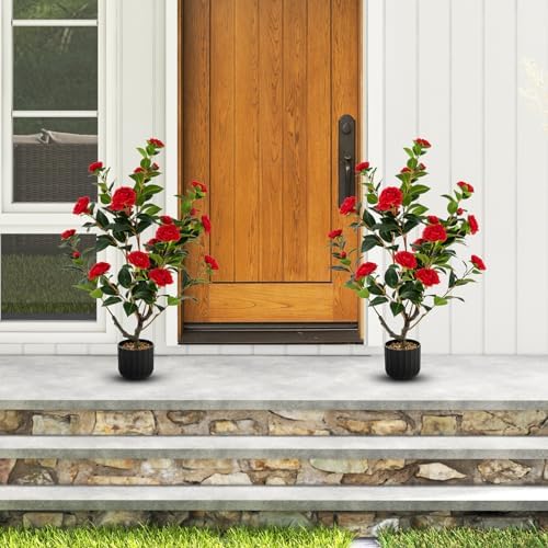 Goplus 38’’ Artificial Camellia Tree, 2 Pack Flower Plants Artificial Tree - Image 2