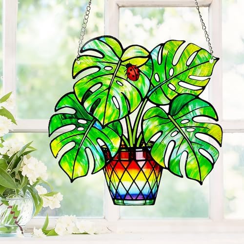 Plant Suncatcher Glass, Stained Glass Suncatcher Plant Window Hanging, Unique Nature Lover Gifts Leaf (Monstera) - Image 5