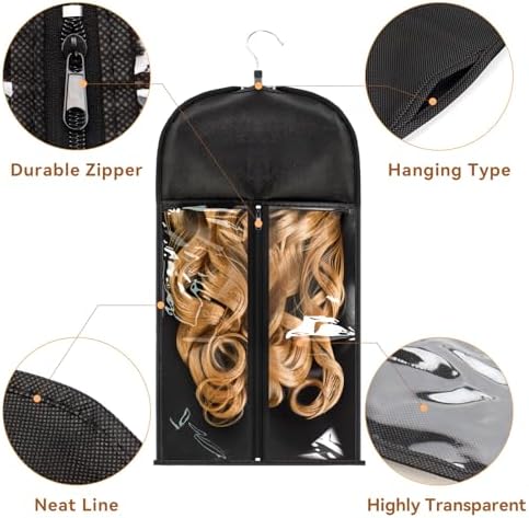 1 Pack Wig Storage Bag with Hanger Hair Extensions Wig Storage Extra Long Hair Extension Holder with Transparent Zip Up Closure (Size Small) - Image 4