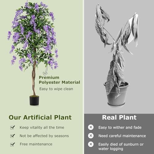 Goplus 6FT Ficus Artificial Tree, 2 Pack Faux Wisteria Tree in Nursery Pot with Purple Lifelike Flowers, Fake Potted Tree Greenery Floor Plant for Indoor Home Office Porch Living Room Decor - Image 6