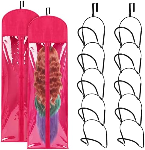 10 Pcs Wig Hangers Rack for Multiple Wigs, Dust-proof Storage Bag, Hot Pink by Blulu