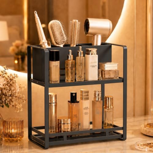 Bathroom Counter Organizer, Metal Vanity Shelf with Hair Dryer Holder by SanDream
