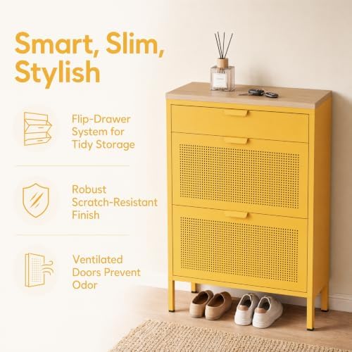 Slim Freestanding Hallway Shoe Cabinet, Metal Narrow Shoe Storage with 2 Flip Doors and Closed Drawer, Ventilated Shoe Organizer for Small Spaces, Entryway, Living Room,Yellow 40"H X 23.6"W X 11.8"D - Image 3
