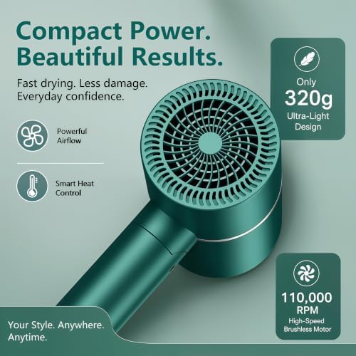 Foldable Ionic Hair Dryer with Diffuser, 1875W Green - Image 6