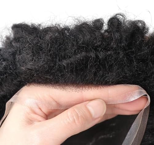 Man Hair Unit Afro Toupee for Black Men Kinky Curly Human Hair Wigs 10MM Mens Wave Units Full Lace Black Mens Hairpiece 8x10inch Lace Replacement Systems (1# Jet Black) - Image 4