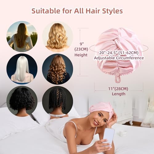 Adjustable Silk Satin Hair Bonnet for Sleeping Women, Double Layer, Silk Hair Wrap for Sleeping Women Men, Curly Natural Braid Straight Unisex - Pink - Image 6