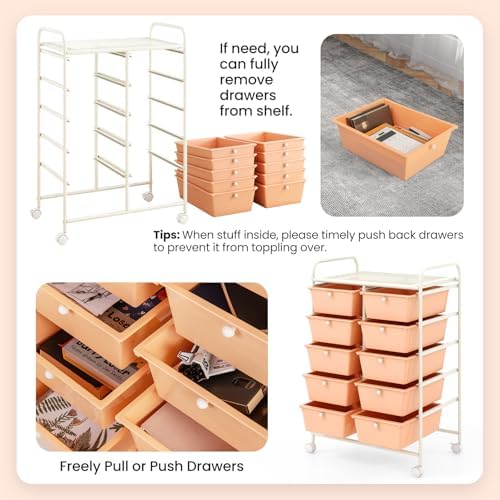 Giantex 10 Drawers Rolling Cart, Classroom Organizers, Storage Cart with Wheels, for Teacher Office Home School Supplies Tool Craft Art Paper, Peach Fuzz - Image 7