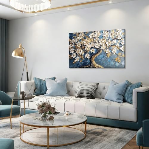 EEYNAQQ Tree of Life Canvas Wall Art, 16x24 In Blue Gold Textured Painting - Image 3
