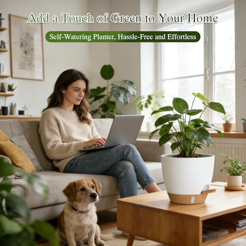 Self Watering Pots with Drainage Holes, 2 Pack 10 Inch Plant Pots with Water Level Indicator Deep Reservoir, Large Plastic Planter for Indoor Outdoor Plants - White Brown - Image 5