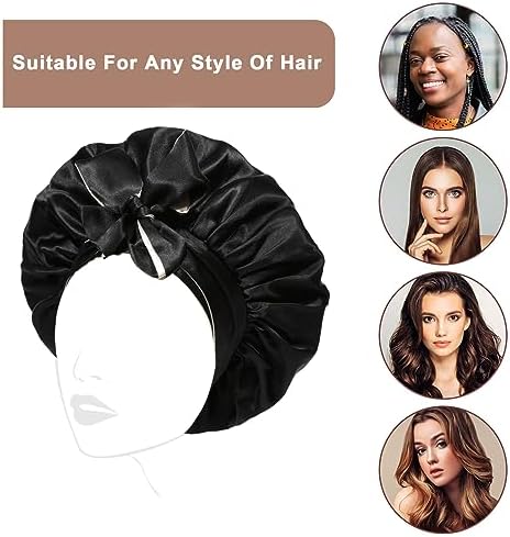 CHLINS Satin Bonnet Silk Sleep Cap Hair Bonnets for Women Stretchy Tie Band Hair Cap for Curly Hair Silk Hair Wrap(Champagne+Black) - Image 7