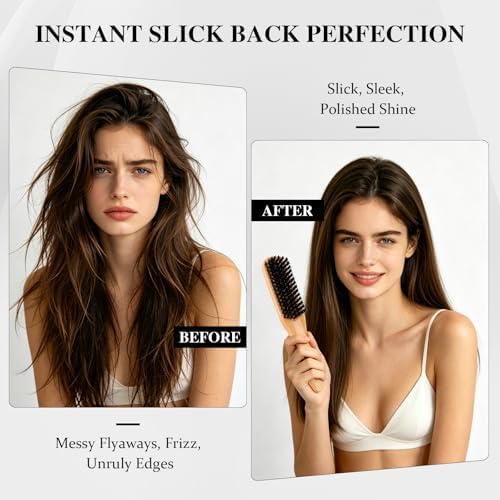4Pcs Boar Bristle Slick Back Hair Brush Set, Soft Bristle Tames Flyaways, Frizz Shine, Gentle on Fine Hair & Scalp, with Rat Tail Comb & Edge Control for Sleek Ponytails, Buns, Teasing, Women Men Kids - Image 4