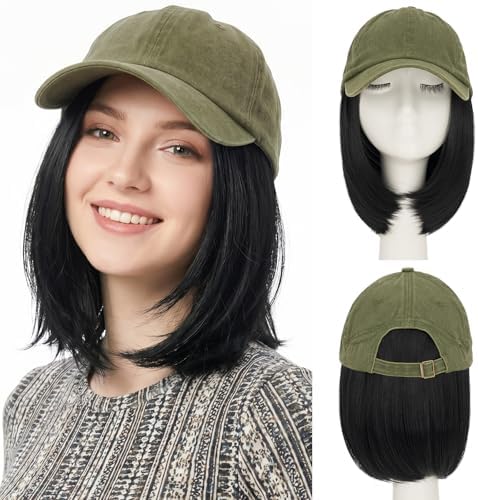 SEGO Unisex Vintage Baseball Cap with Hair Extensions for Women Synthetic Hair Attached Short Straight Hairpiece Olive Green Baseball Cap Wig Adjustable Hat Wigs for Women 6 Inch 1A Black by SEGO