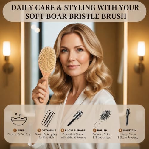100% Boar Bristle Hair Brush for Fine Hair, Soft Boar Bristle Oval Cushion Brush for Girls & Women with North American Oak Wood Handle, Wide Tooth Comb & 2-in-1 Cleaning Tool for Daily Shine - Image 6