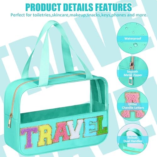 BuyCard Chenille Letter Patch Clear Travel Bags, Preppy PVC&Nylon Makeup Bag with Handle and Zipper, Waterproof Large Clear Travel Toiletry Bag Storage Bag for Women Girls(Blue-Green) - Image 3
