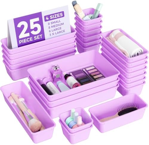 BiuLeon 25 PCS Plastic Drawer Organizers Set, 4-Sizes Vanity and Makeup Organizer, Desk and bathroom Drawer Organizer Trays, Organizers and Storage for Makeup, Jewelry, Gadgets, Utensils (Purple) by Unknown
