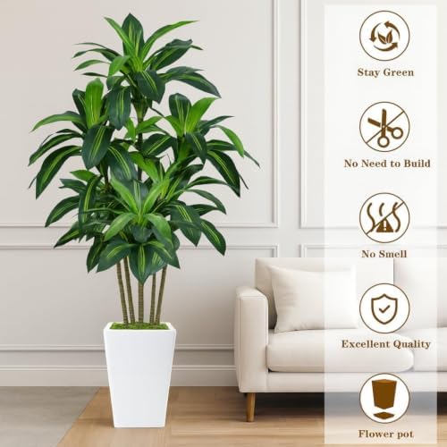 Flydeer 7FT Artificial Dracaena Tree with Tall White Planter, Floor Plant - Image 4