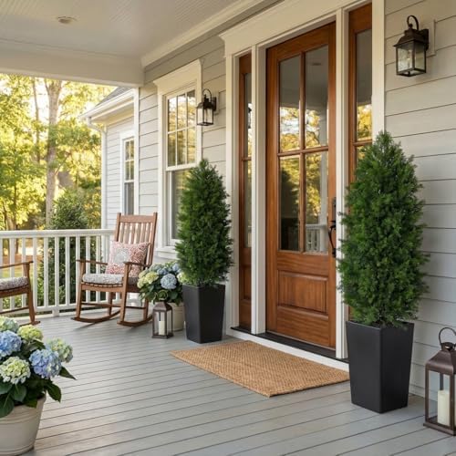 Aveyas 5ft Artificial Cedar Topiary Trees, 5 ft Faux Potted Plants Evergreen Fake Pine Cypress Tree for Outdoor Porch Home Outside Door Decor (5 Feet Tall Including Raised Pot) - Set of 2 Pack - Image 3