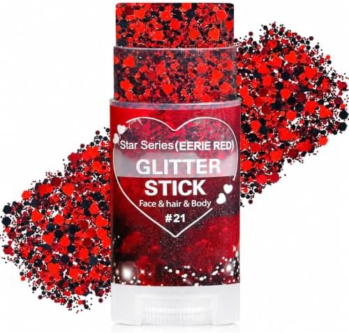 Red and Black Hair Glitter Stick, Face Body Glitter Makeup, Red Black School Spirit Week Game Day Cheer Football Accessories, Heart Chunky Sequins for Halloween Vampire Devil Witch Clown Rave Festival by Yeweian