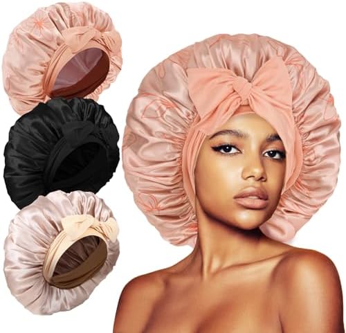 3Pcs Bonnets for Sleeping, Extra Satin Silk Bonnet for Sleeping Women with Tie Band for Curly Hair Jumbo Bonnet Braids by KAFTERI