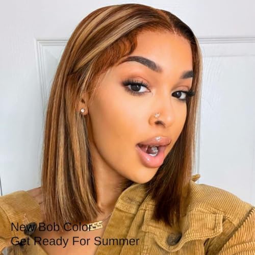 ALHER Short Bob Wig 4/27 Honey Blonde Highlight, 12A Straight Small Cap 13x4 Lace Frontal Wigs Human Hair Pre Plucked With Baby Hair, Small Cap Wig Size 21-21.5 180% Density for Black Women 12 Inch - Image 2