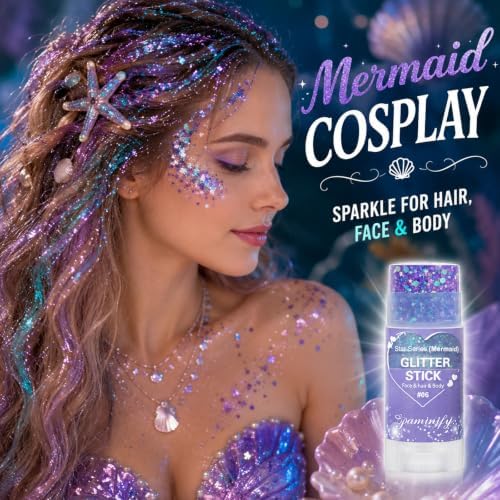 Purple Hair Glitter Stick for Kids,Waterproof Mermaid Purple Body Face Glitter Stick,Mardi Gras Accessories Chunky Sequins for Singer Concert Festival,Halloween Glitter Cosplay Makeup - Image 2