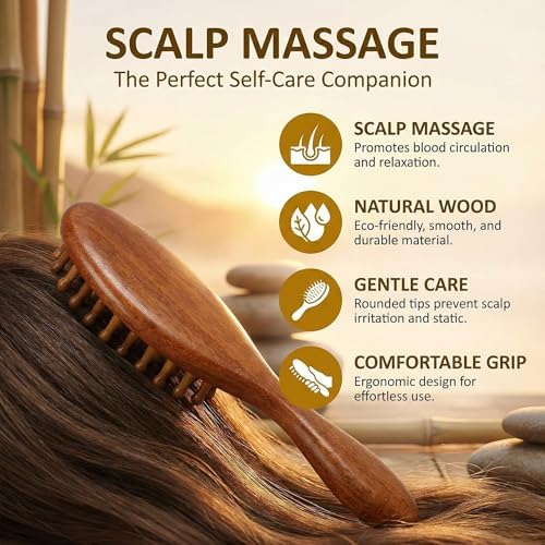 Sandalwood Loc Brush For Dreads, Wooden Round Dreadlock Scalp Comb Dread Massager Dandruff Head Curly Pro Scrubber Defining Long Teeth No Static For Wet Dry Hair Scalp Care And Hair Styling Brown - Image 3