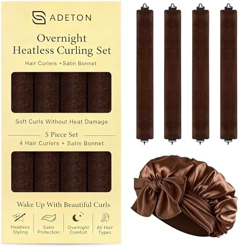 Heatless Curls Overnight, Velvet Heatless Hair Curler Set with Hook Closure – 4 Soft Hair Rollers Blowout Rods + Satin Hair Bonnet for Sleeping, Flexi Rods for Long Hair Women (A - BROWN) by ADETON