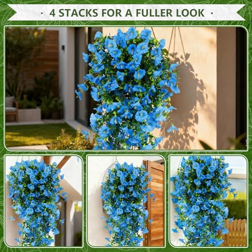 4-Pack Fake Hanging Plants, Faux Hanging Plant Artificial Greenery for Living Room Bedroom Boho Wall Shelf Indoor Outdoor Decor (Blue Morning Glory) - Image 5