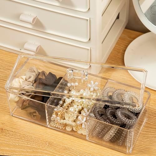 Hair Accessories Organizer for Girls, Acrylic Hair Tie Organizer for Headband, bows, Hair Clip, Cotton Swab Organization, Hair Clip Holder, 3 Compartments Hair Organizer Storage with Lid - Image 3
