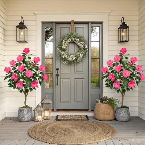 Briful 49.6" Artificial Hibiscus Trees 2 Pack, Faux Tropical Plants, Pink - Image 2