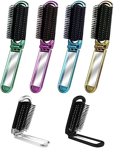 6 PCS Folding Travel Hairbrush Set with Compact Mirror for Women - Mini Pocket Brush with Mirror for Purse and Girls by MoHern