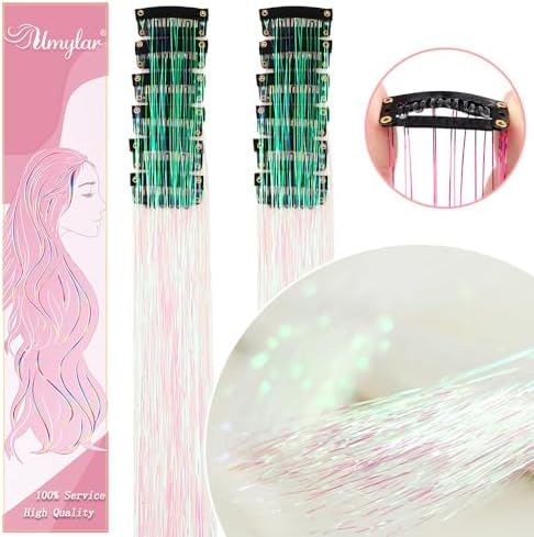 Hair Tinsel Pack of 12 Pcs Clip in Hair Tinsel 20 Inch Colorful Glitter Tinsel Hair Extensions Tinsel Fairy Hair Party Dazzle Hair Accessories Strands Kit for Women Girls(12Pcs,Dazzle White#) - Image 2