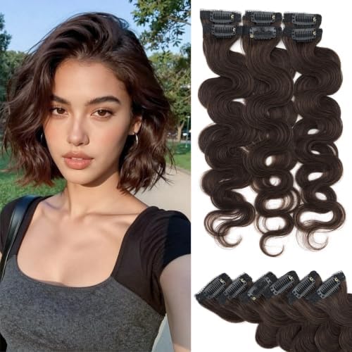 Rich Choices Short Clip In Hair Extensions Real Human Hair for Women-Wave/Curly 6 Pcs Single Clip Hairs Extensions-Mini Seamless Hairpieces for Thin Hairs-10 Inch #2R Chocolate Brown by RichChoices