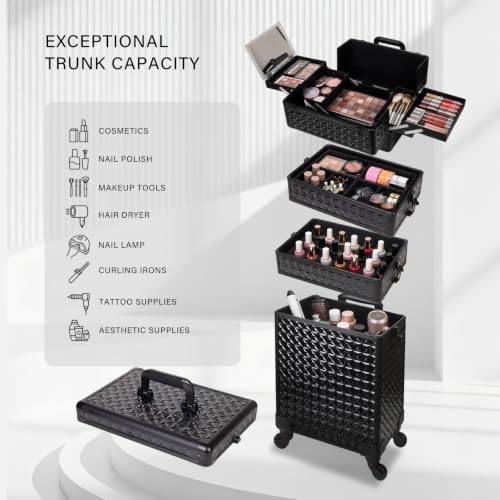 Rolling Makeup Train Case, 5 in 1, Professional Cosmetic Trolley (5, Black) - Image 3