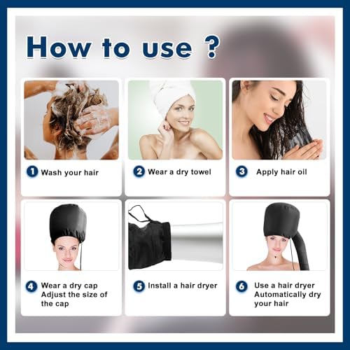 Hair Dryer Bonnet Attachment, Portable Blow Dryer, Soft Adjustable Hooded Bonnet with Stretchable Grip and Extended Hose Length Fits All Head Sizes & All Hair Styling (Black) - Image 5