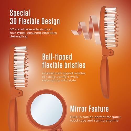 Mini Detangler Travel Hair Brush with Mirror, Makaron Hair Brushes for Women, Men and Kids, Unique 3D Flexible Design for All Hair Types, Styling Accessory, Travel Essentials for Women (DARK ORANGE) - Image 2