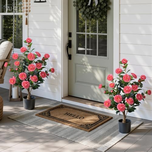 HyeFlora 3ft Artificial Camellia Tree 2 Pack, 34 Inches Faux Camellia Plant in Pot,Fake Potted Camellia Flower Trees UV Resistant for Modern Home Office Living Room Floor Indoor Outdoor Patio Decor - Image 6